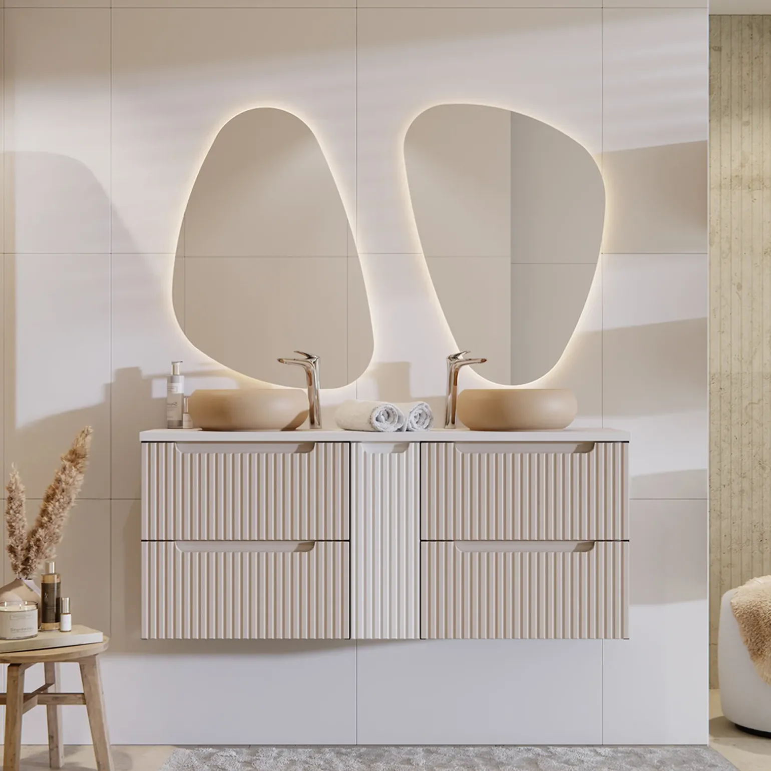 Mobile bagno sospeso 140cm cannettato 4 cassetti beige bianco Cleany
