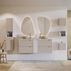 Mobile bagno sospeso 140cm cannettato 4 cassetti beige bianco Cleany