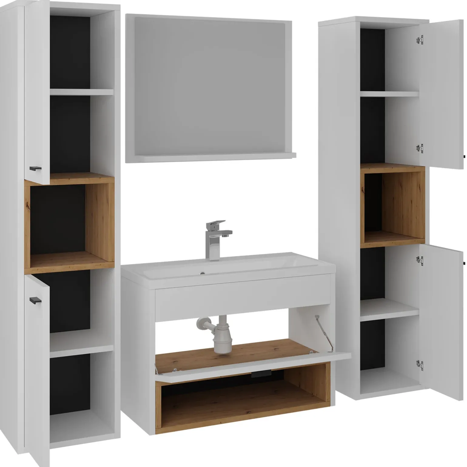 Mobile bagno sospeso 60cm con lavabo, specchio e colonne bianco rovere Florentina