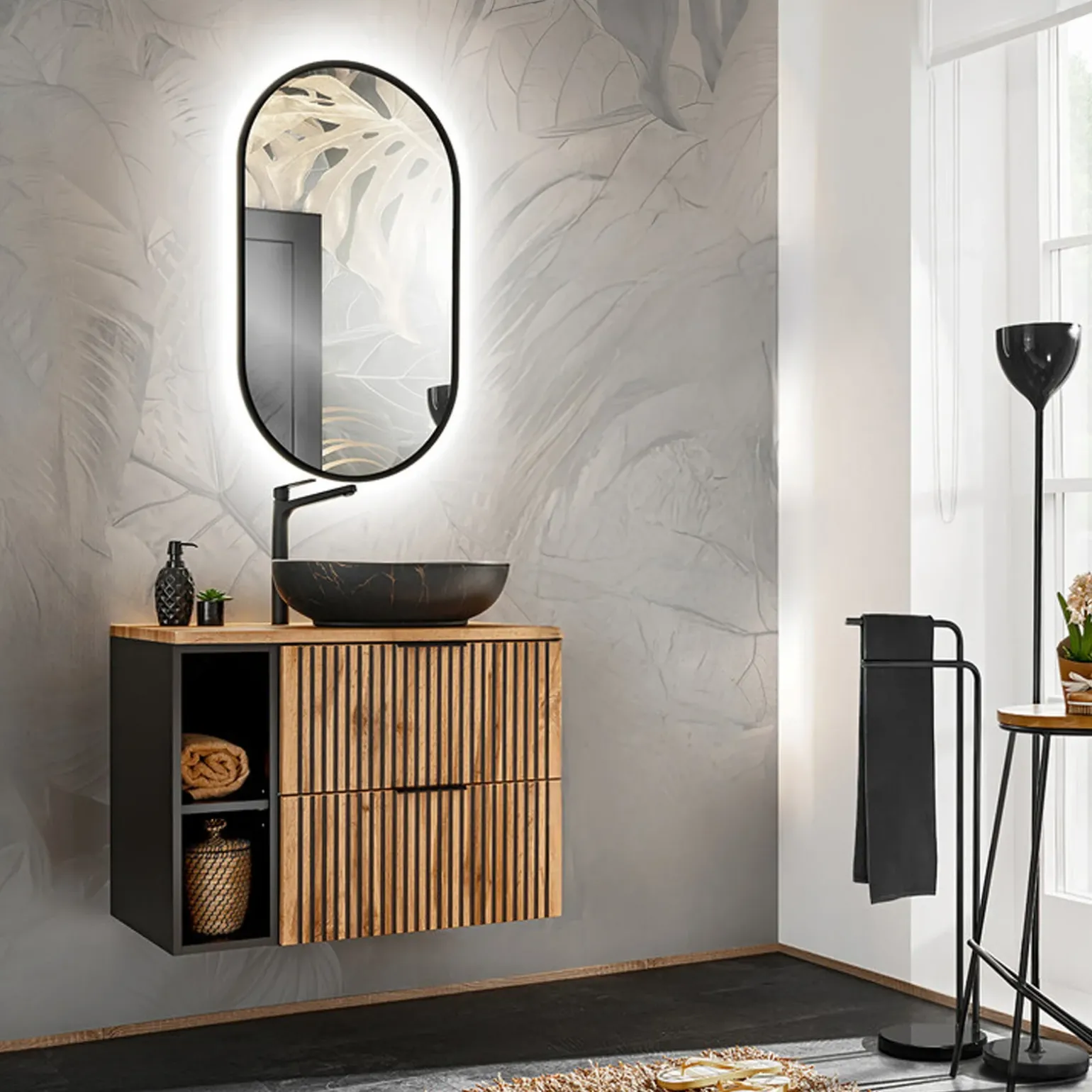 Mobile bagno sospeso 80cm cm 2 cassetti 2 vani quercia antracite Limpid