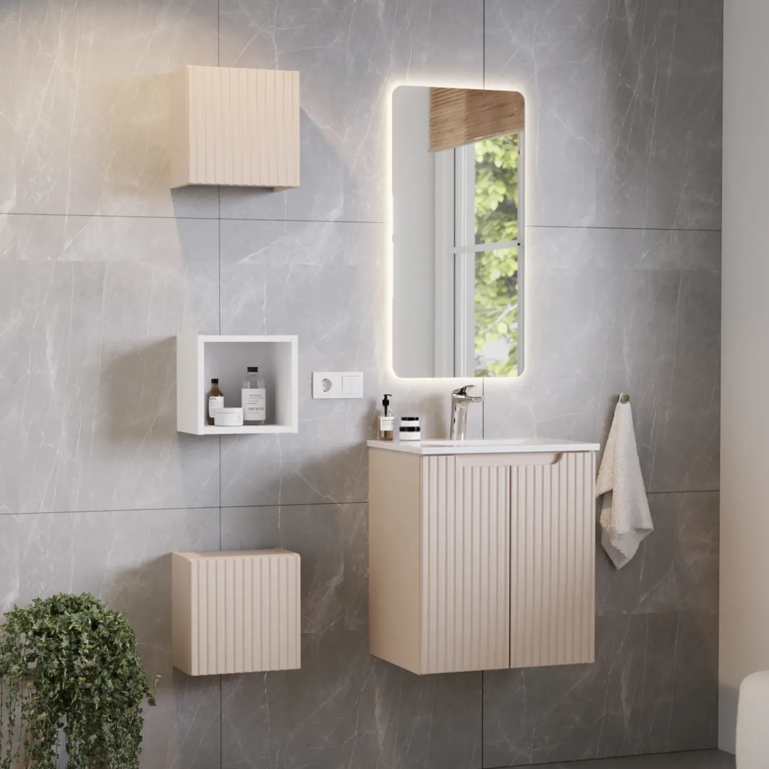 Mobile bagno sospeso 50cm cannettato con lavabo 2 ante beige Cleany