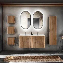 Mobile bagno sospeso 120cm cm con 2 lavabi da incasso, 2 specchi, colonna e cubotti quercia antracite Limpid