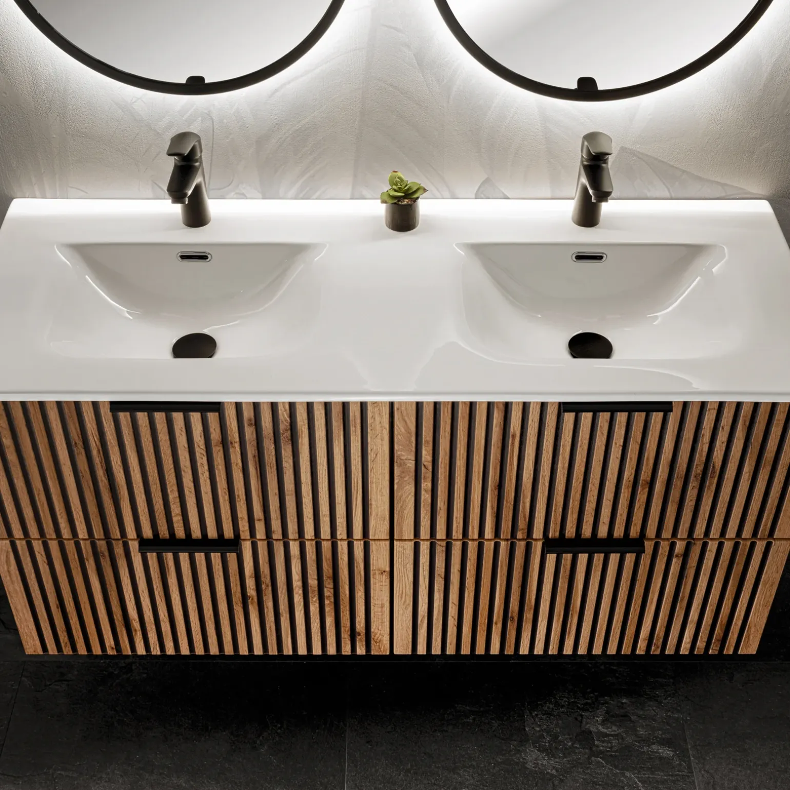 Mobile bagno sospeso 120cm cm con 2 lavabi da incasso, 2 specchi, colonna e cubotti quercia antracite Limpid