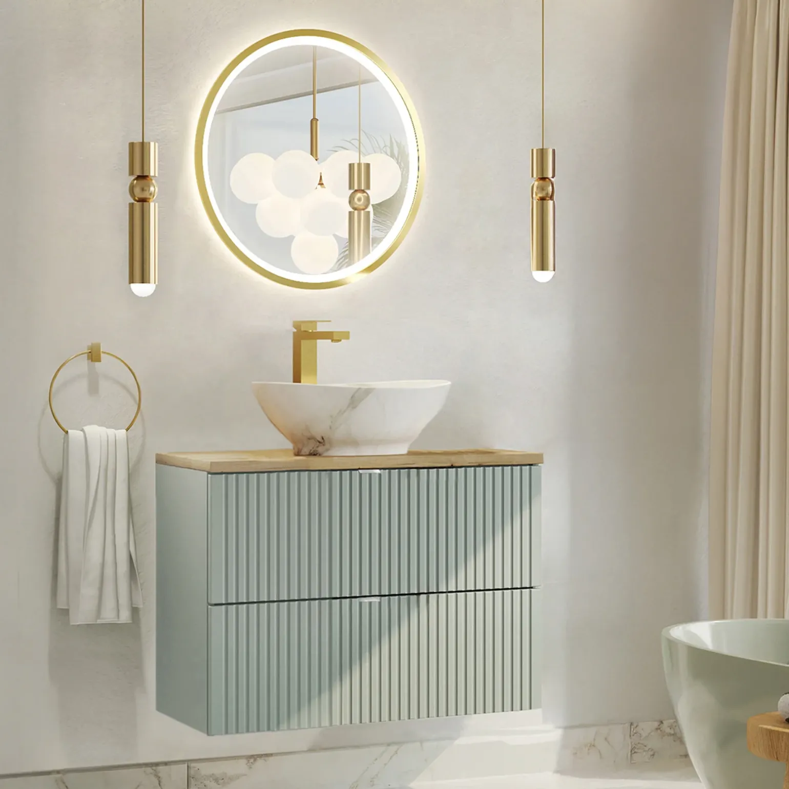 Mobile bagno sospeso 80cm cannettato 2 cassetti verde salvia rovere Greeny