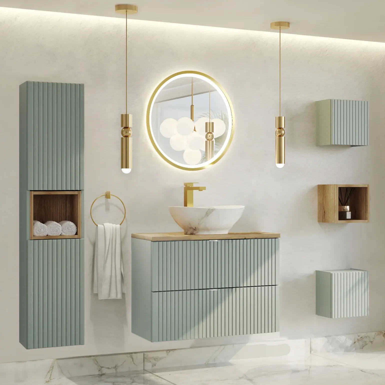 Mobile bagno sospeso 80cm cannettato 2 cassetti verde salvia rovere Greeny