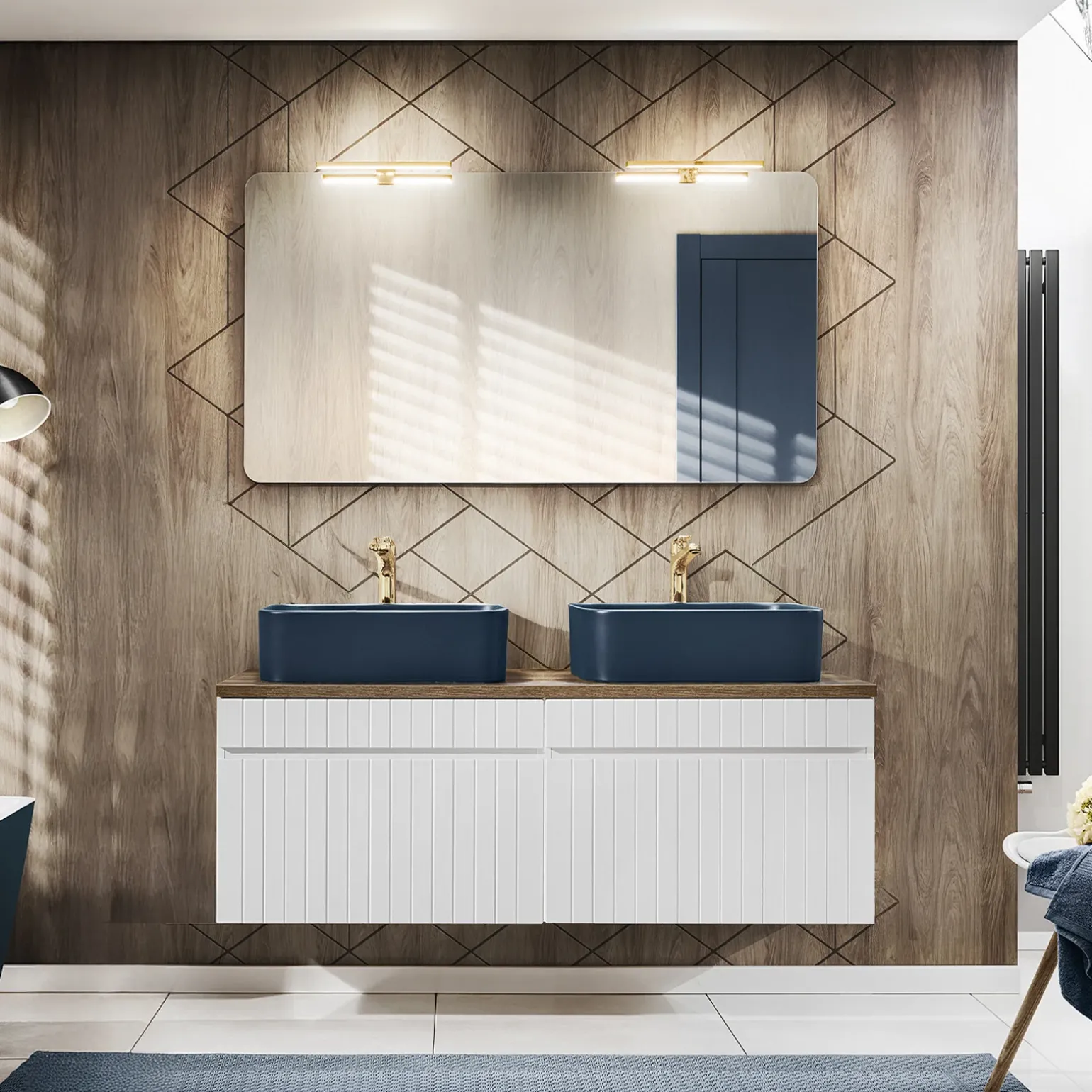 Mobile bagno sospeso 120cm cannettato 2 cassettoni bianco quercia Autentic