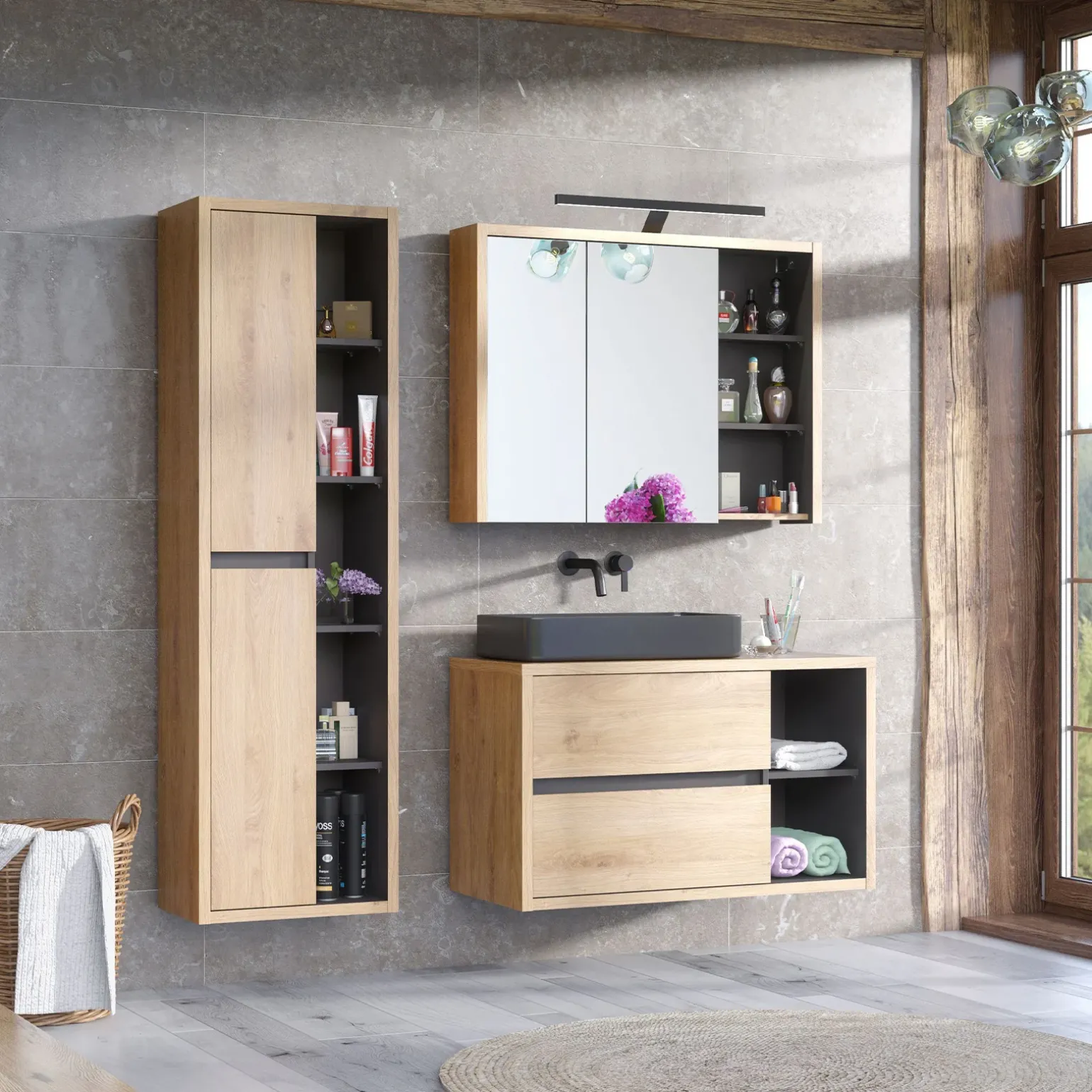Mobile bagno sospeso 100cm con lavabo, mobile specchio e colonna rovere antracite Veny