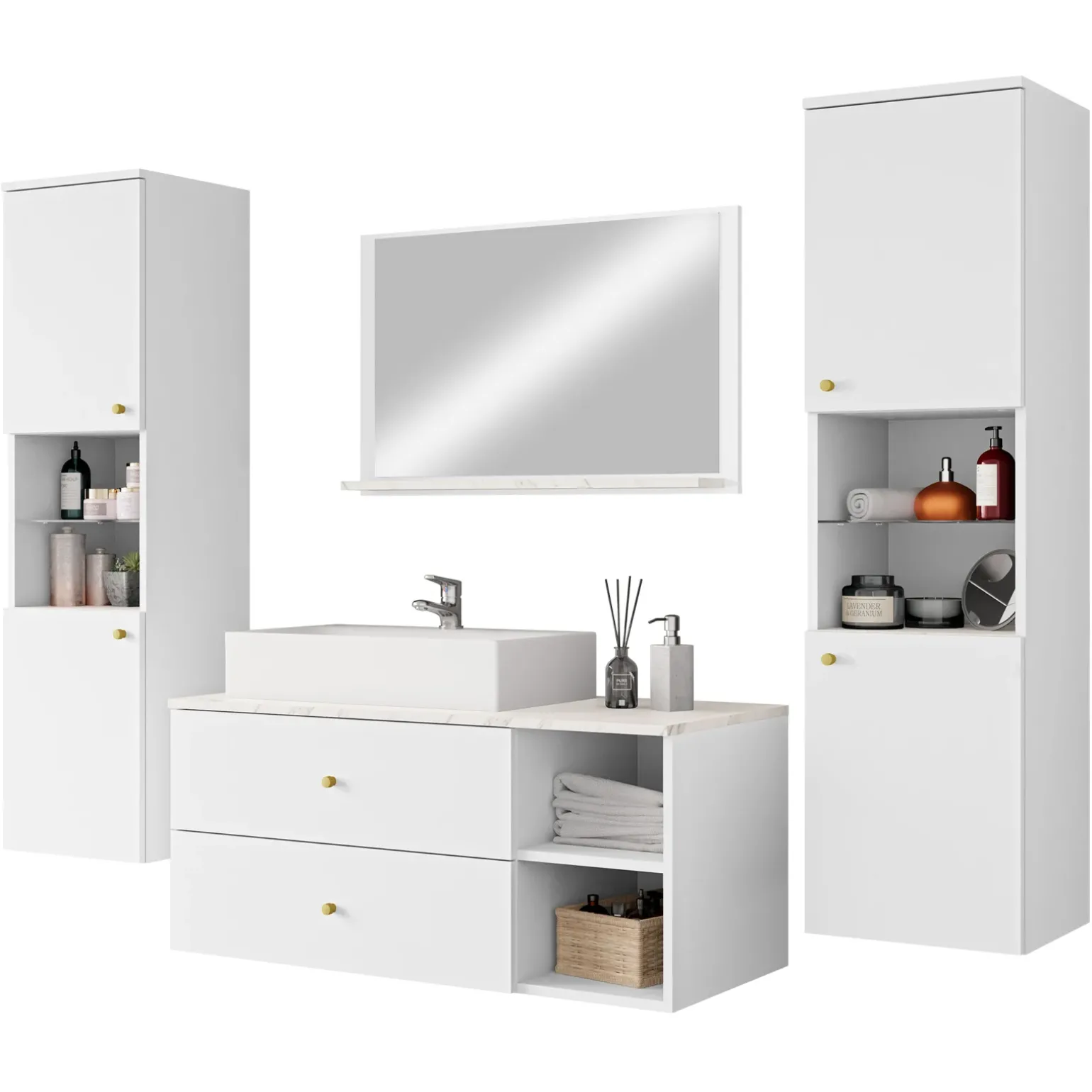 Mobile bagno sospeso 100cm con lavabo, specchio e 2 colonne bianco Krom
