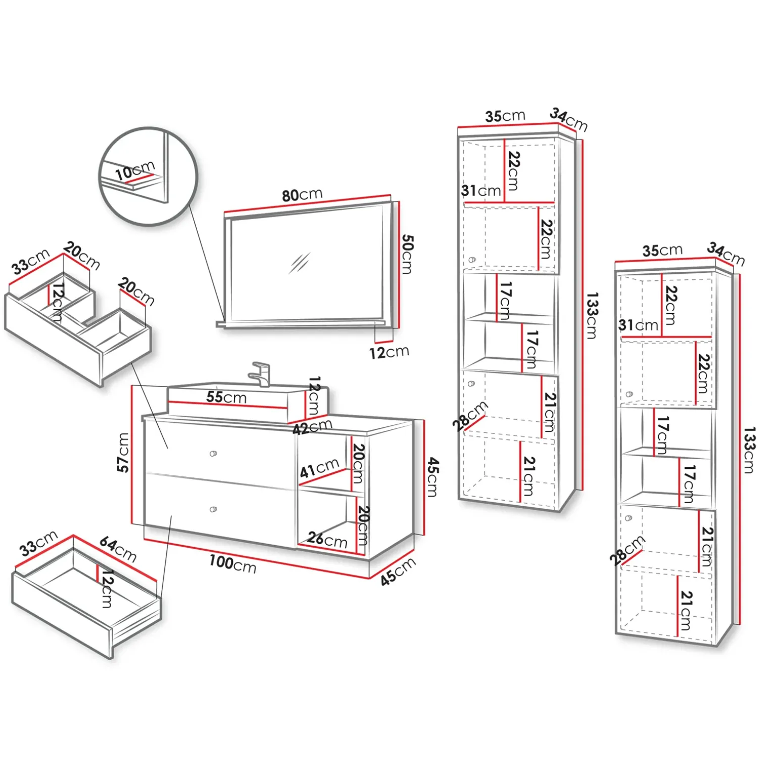 Mobile bagno sospeso 100cm con lavabo, specchio e 2 colonne bianco Krom
