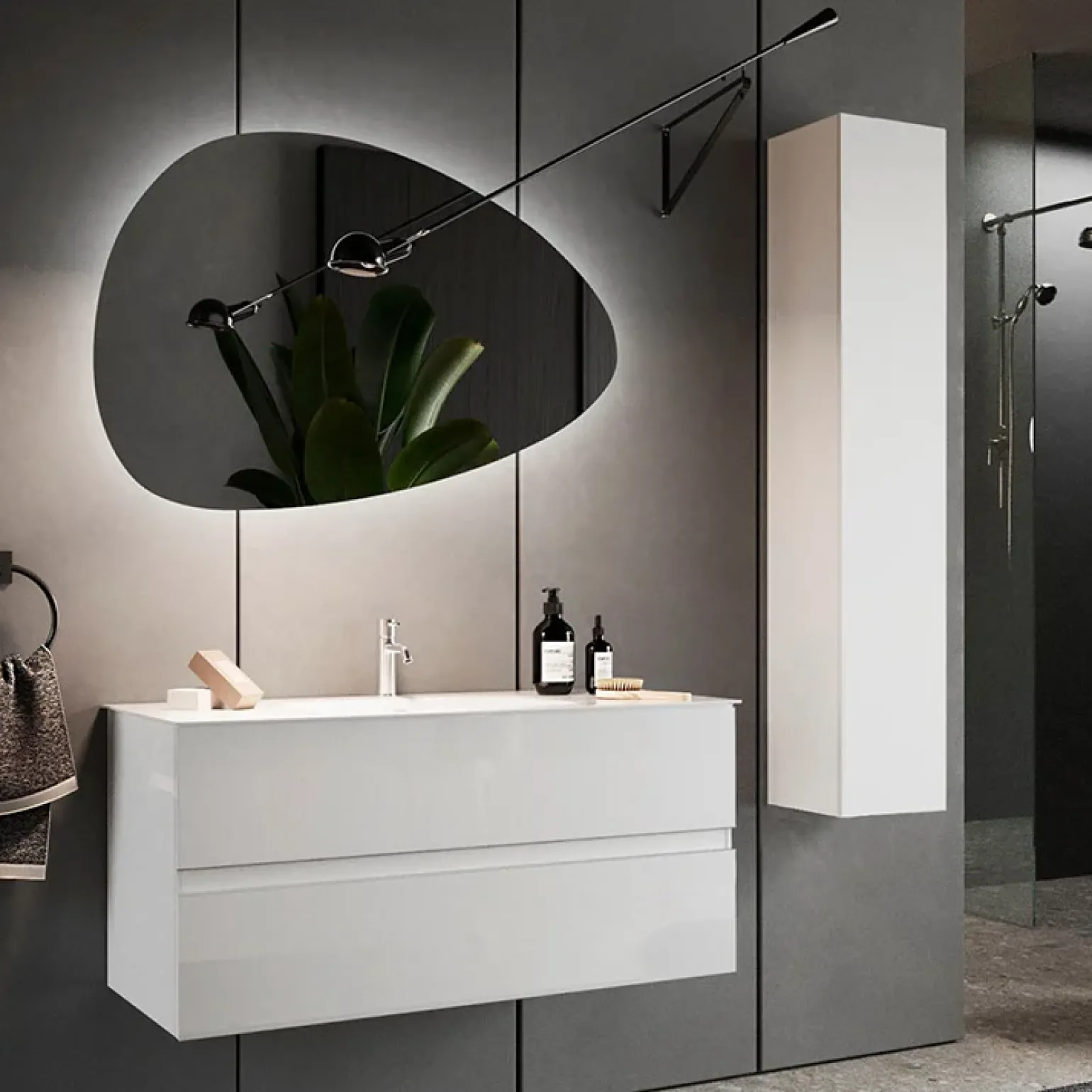 Mobile bagno sospeso 80cm con lavabo 2 cassetti bianco lucido Moon