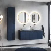 Mobile bagno sospeso 120cm con 2 lavabi, 2 specchi rotondi e colonna cannettato blu Deep
