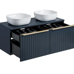 Mobile bagno sospeso 120cm con 2 lavabi, 2 specchi rotondi e colonna cannettato blu Deep
