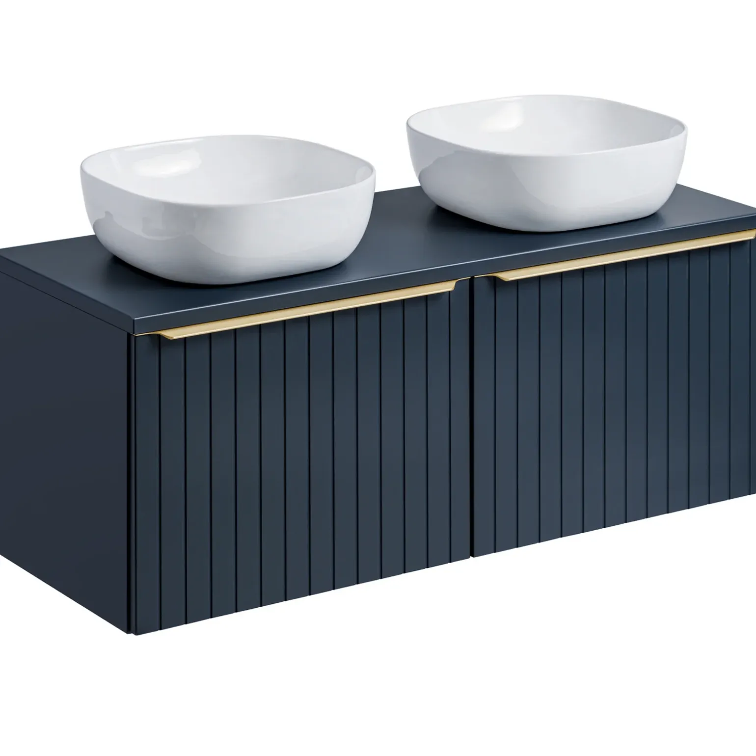 Mobile bagno sospeso 120cm con 2 lavabi, 2 specchi rotondi e colonna cannettato blu Deep