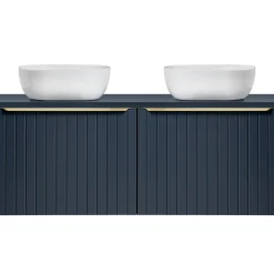Mobile bagno sospeso 120cm con 2 lavabi, 2 specchi rotondi e colonna cannettato blu Deep
