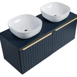 Mobile bagno sospeso 120cm con 2 lavabi, 2 specchi rotondi e colonna cannettato blu Deep