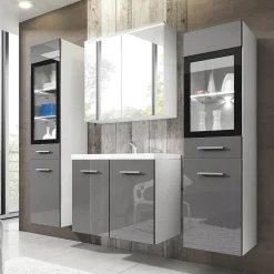 Mobile bagno sospeso 60cm con lavabo, specchio e 2 colonne grigio lucido bianco Luz