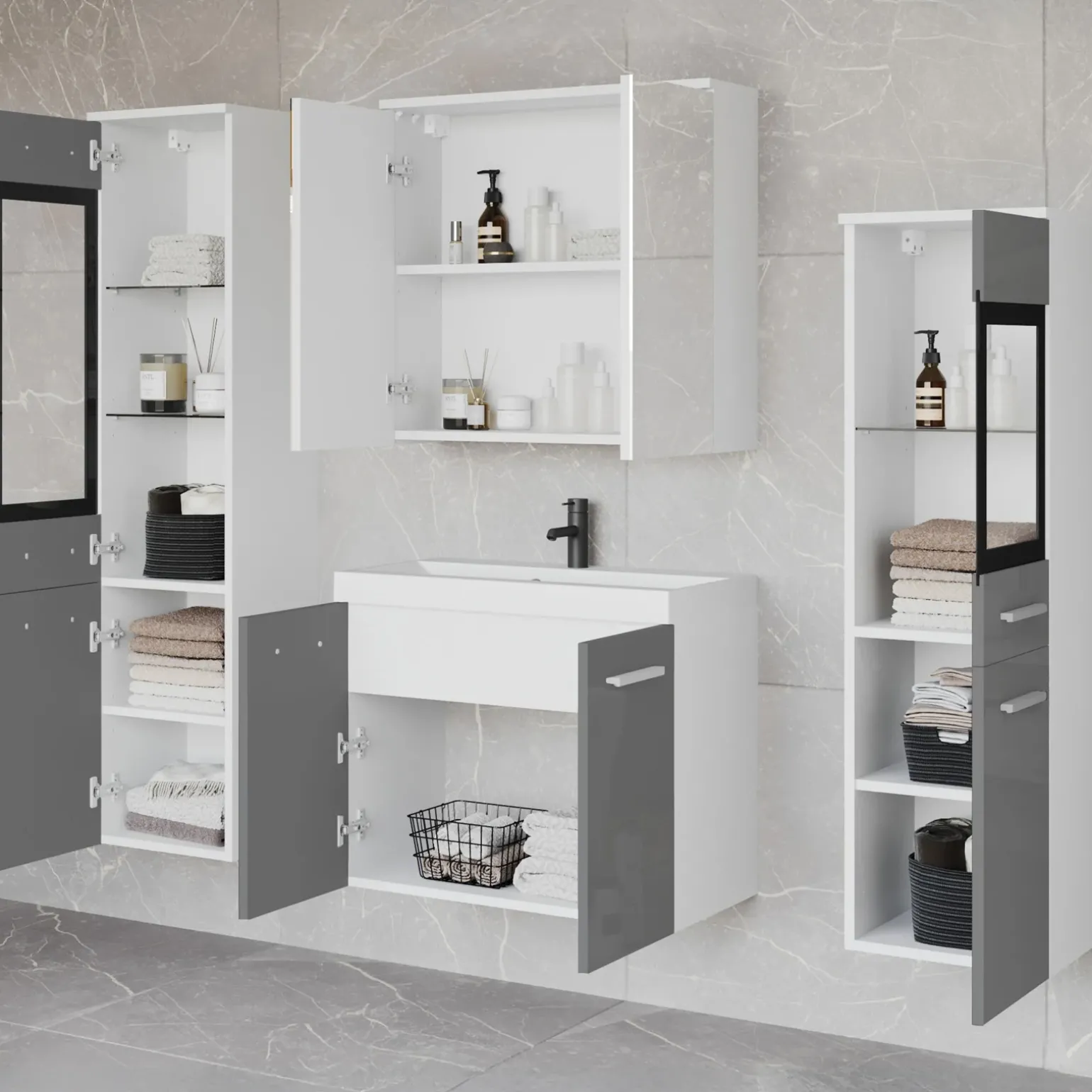 Mobile bagno sospeso 60cm con lavabo, specchio e 2 colonne grigio lucido bianco Luz