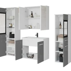 Mobile bagno sospeso 60cm con lavabo, specchio e 2 colonne grigio lucido bianco Luz