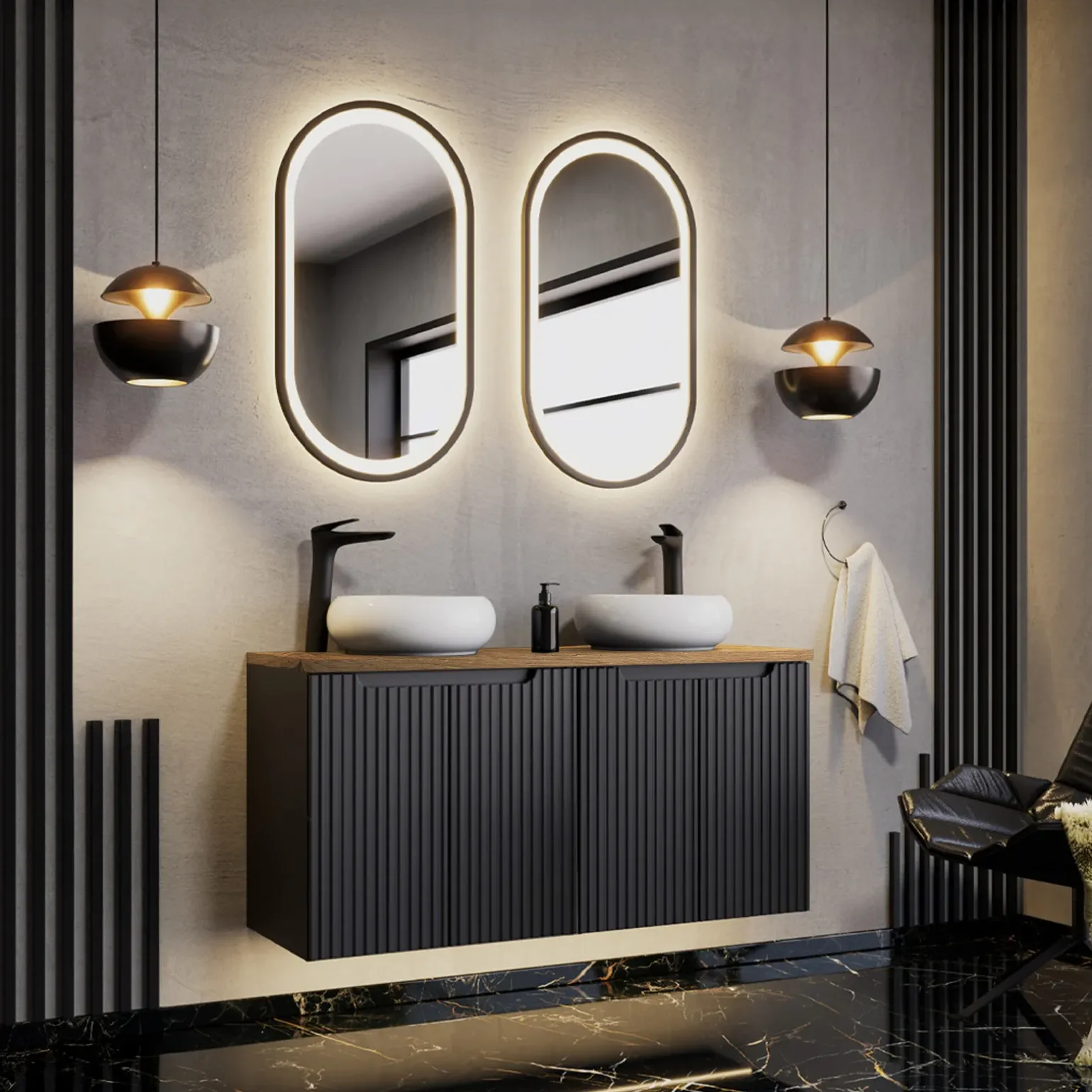 Mobile bagno sospeso 120cm cannettato 4 ante nero rovere Cleany