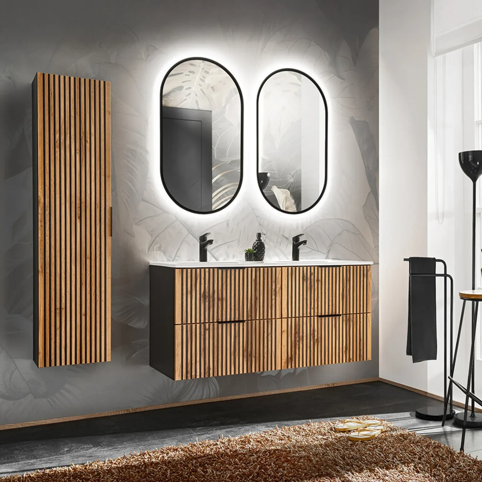 Mobile bagno sospeso 120cm cm con 2 lavabi da incasso, 2 specchi e colonna quercia antracite Limpid