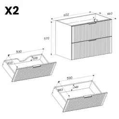 Mobile bagno sospeso 120cm cm con 2 lavabi da incasso, 2 specchi e colonna quercia antracite Limpid