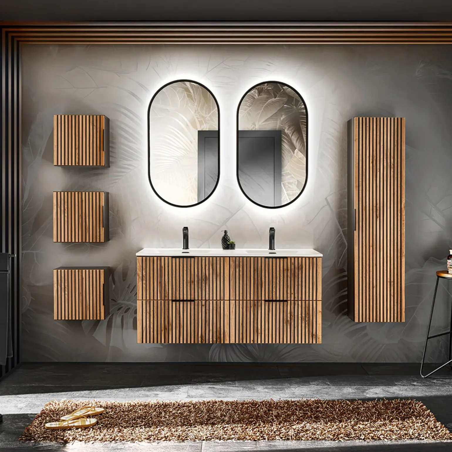 Mobile bagno sospeso 120cm cm con 2 lavabi da incasso, 2 specchi e colonna quercia antracite Limpid