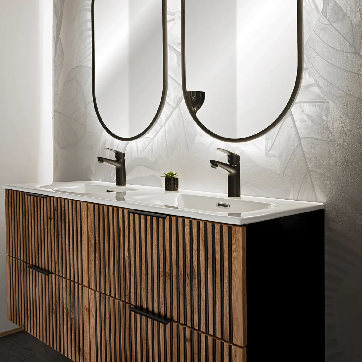 Mobile bagno sospeso 120cm cm con 2 lavabi da incasso, 2 specchi e colonna quercia antracite Limpid