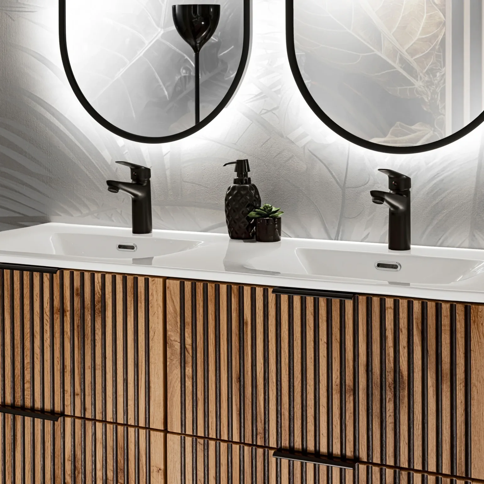 Mobile bagno sospeso 120cm cm con 2 lavabi da incasso, 2 specchi e colonna quercia antracite Limpid