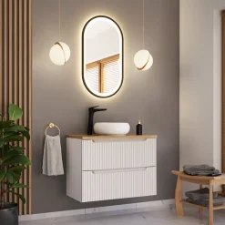 Mobile bagno sospeso 80cm cannettato 2 cassetti bianco rovere Cleany