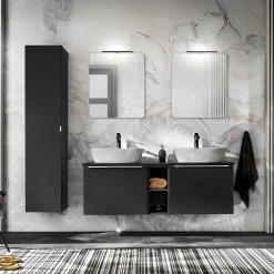 Mobile bagno sospeso 140cm con 2 lavabi, specchio e colonna nero Serif