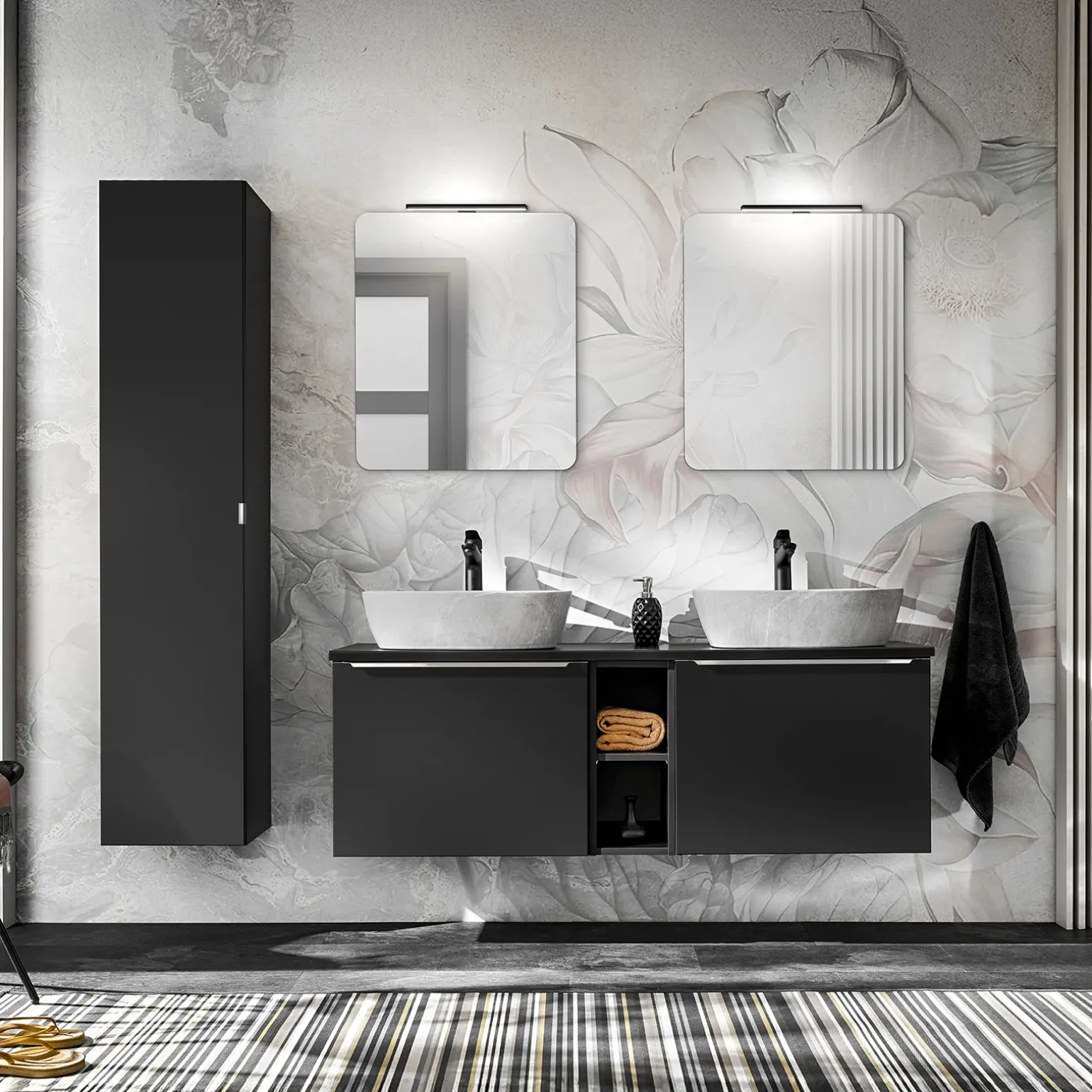 Mobile bagno sospeso 140cm con 2 lavabi, specchio e colonna nero Serif