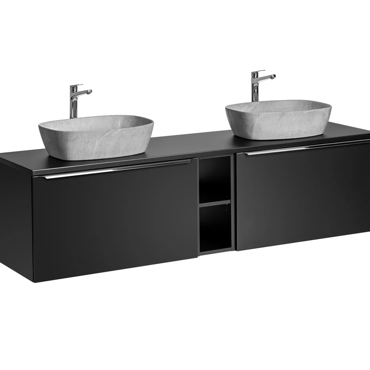 Mobile bagno sospeso 140cm con 2 lavabi, specchio e colonna nero Serif