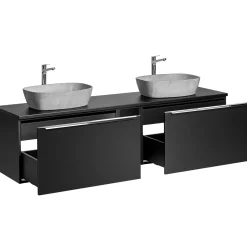 Mobile bagno sospeso 140cm con 2 lavabi, specchio e colonna nero Serif