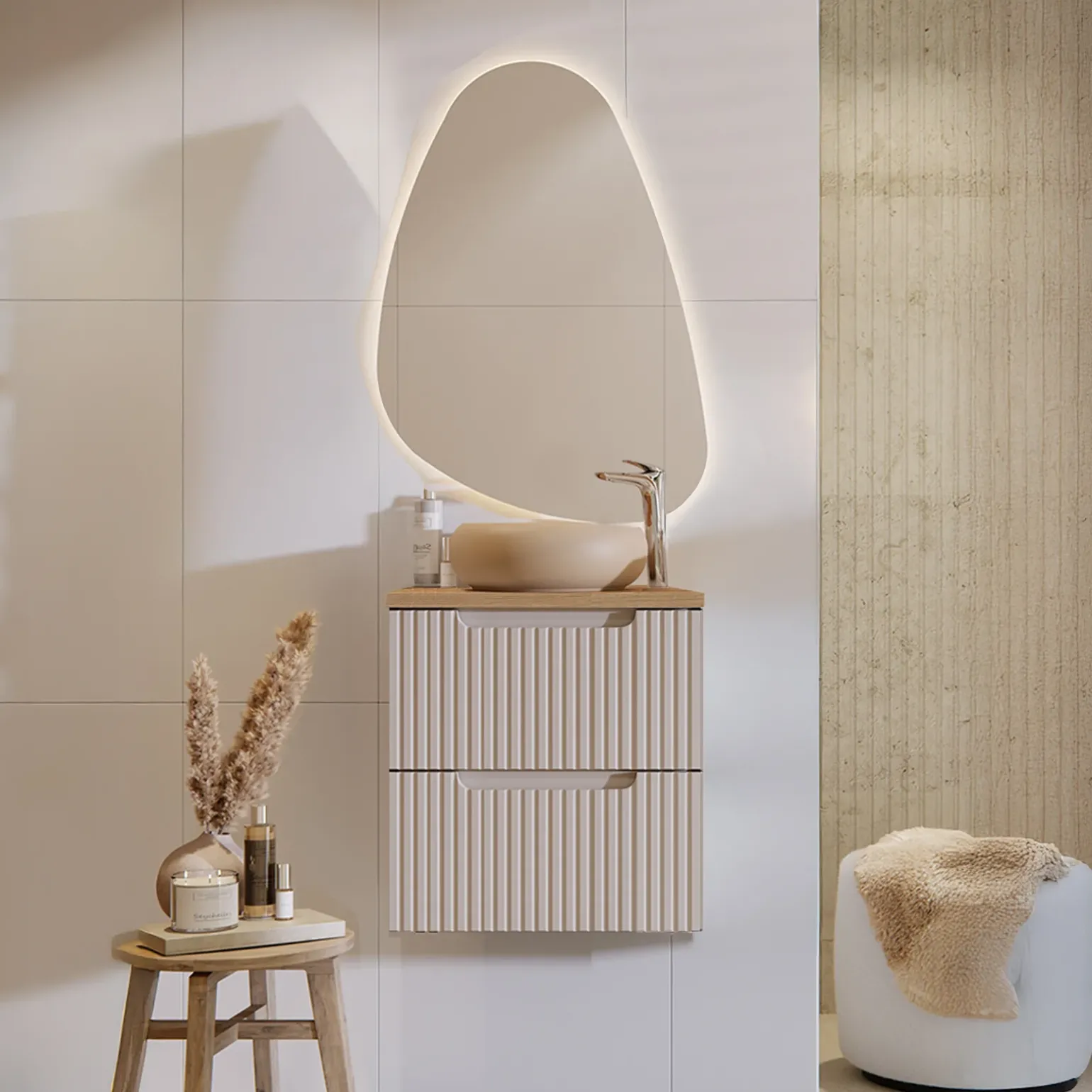 Mobile bagno sospeso 50cm cannettato 2 cassetti beige rovere Cleany