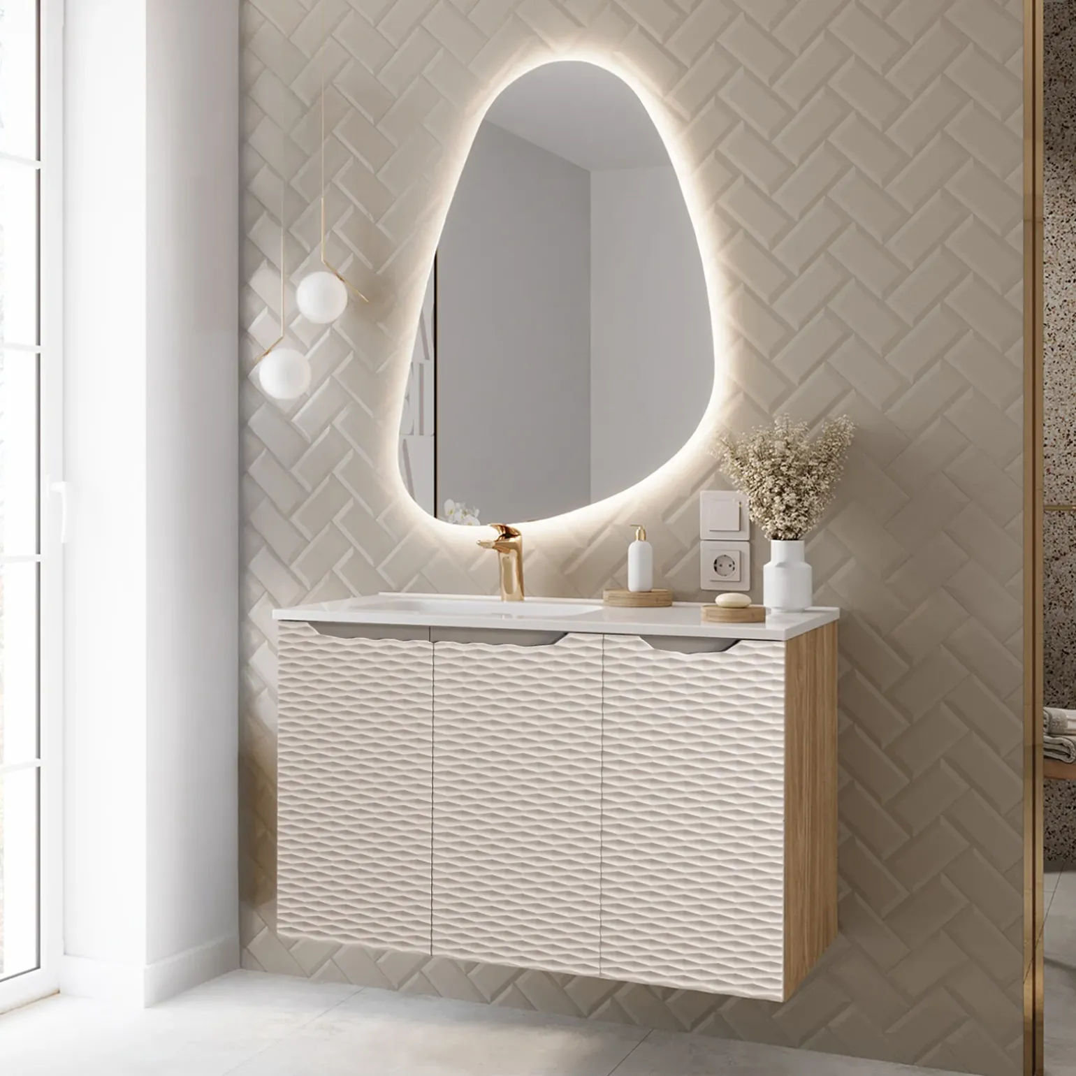Mobile bagno sospeso 90cm con lavabo da incasso beige rovere Swim