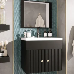 Mobile bagno sospeso 60cm con specchio serigrafato nero Ischia 5