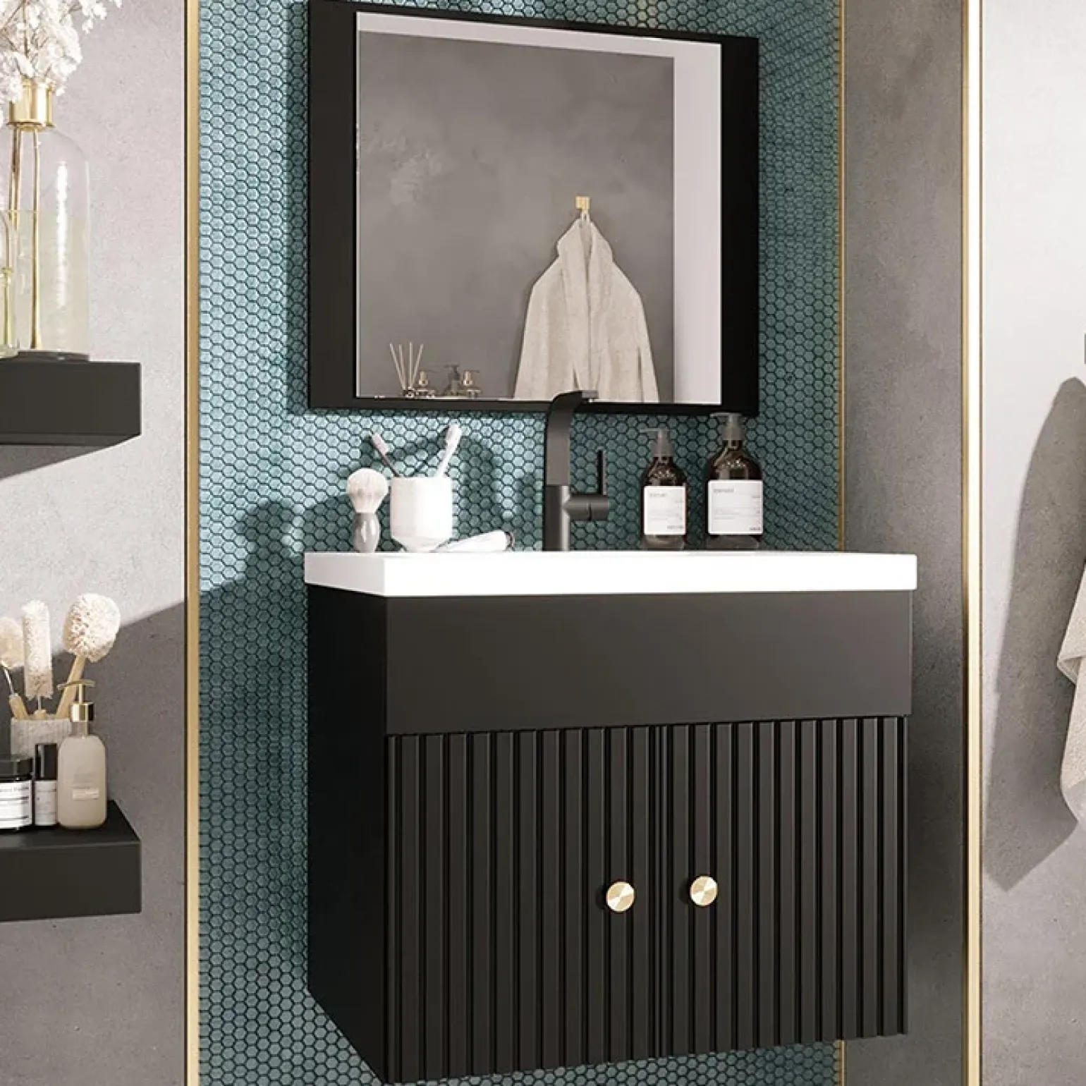 Mobile bagno sospeso 60cm con specchio serigrafato nero Ischia 5
