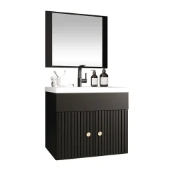 Mobile bagno sospeso 60cm con specchio serigrafato nero Ischia 5