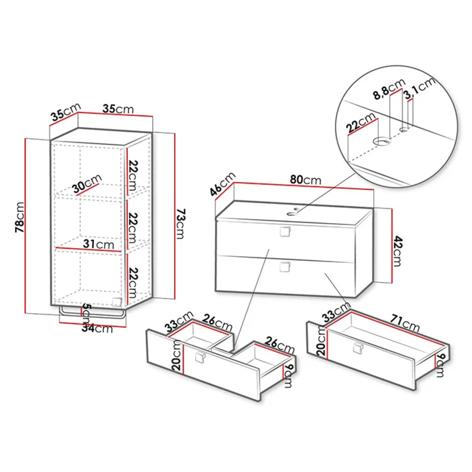 Mobile bagno sospeso 80cm con pensile 2 cassetti bianco Bursa 3