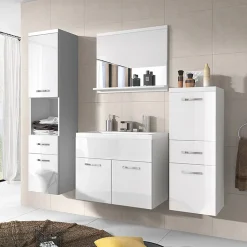 Mobile bagno sospeso 60cm con lavabo, specchio e colonne bianco lucido Loretta