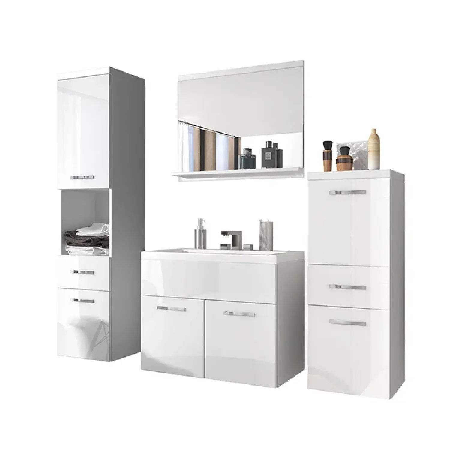 Mobile bagno sospeso 60cm con lavabo, specchio e colonne bianco lucido Loretta