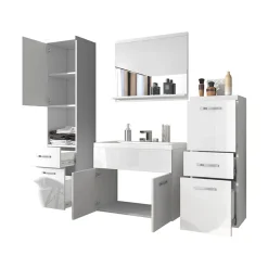 Mobile bagno sospeso 60cm con lavabo, specchio e colonne bianco lucido Loretta