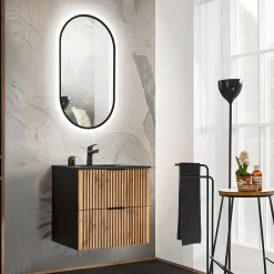 Mobile bagno sospeso 60cm cm con lavabo nero da incasso quercia antracite Limpid