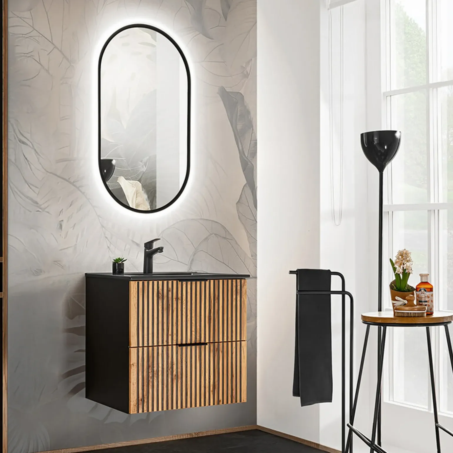 Mobile bagno sospeso 60cm cm con lavabo nero da incasso quercia antracite Limpid