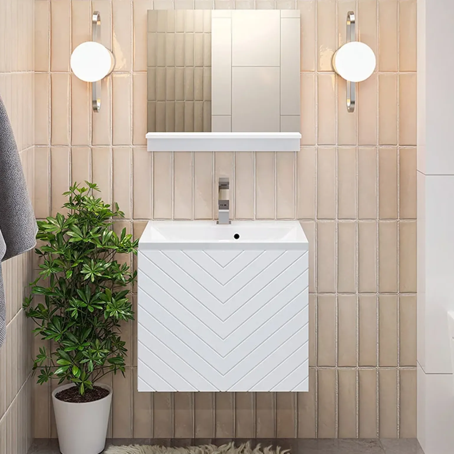 Mobile bagno sospeso 60cm con lavabo e specchio serigrafato bianco Baden 10