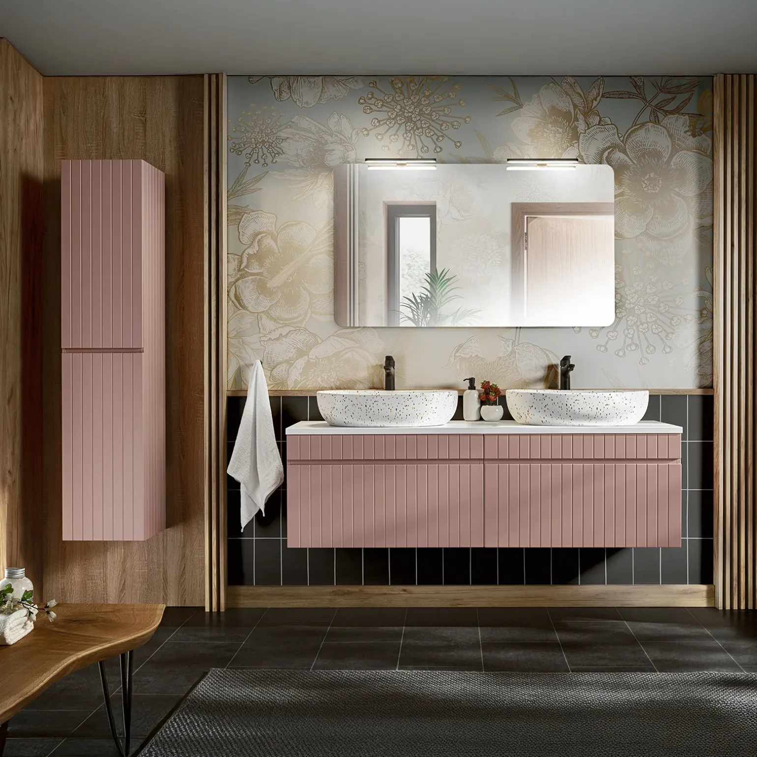 Mobile bagno sospeso 160cm cannettato con 2 lavabi, colonna e specchio rosa Autentic