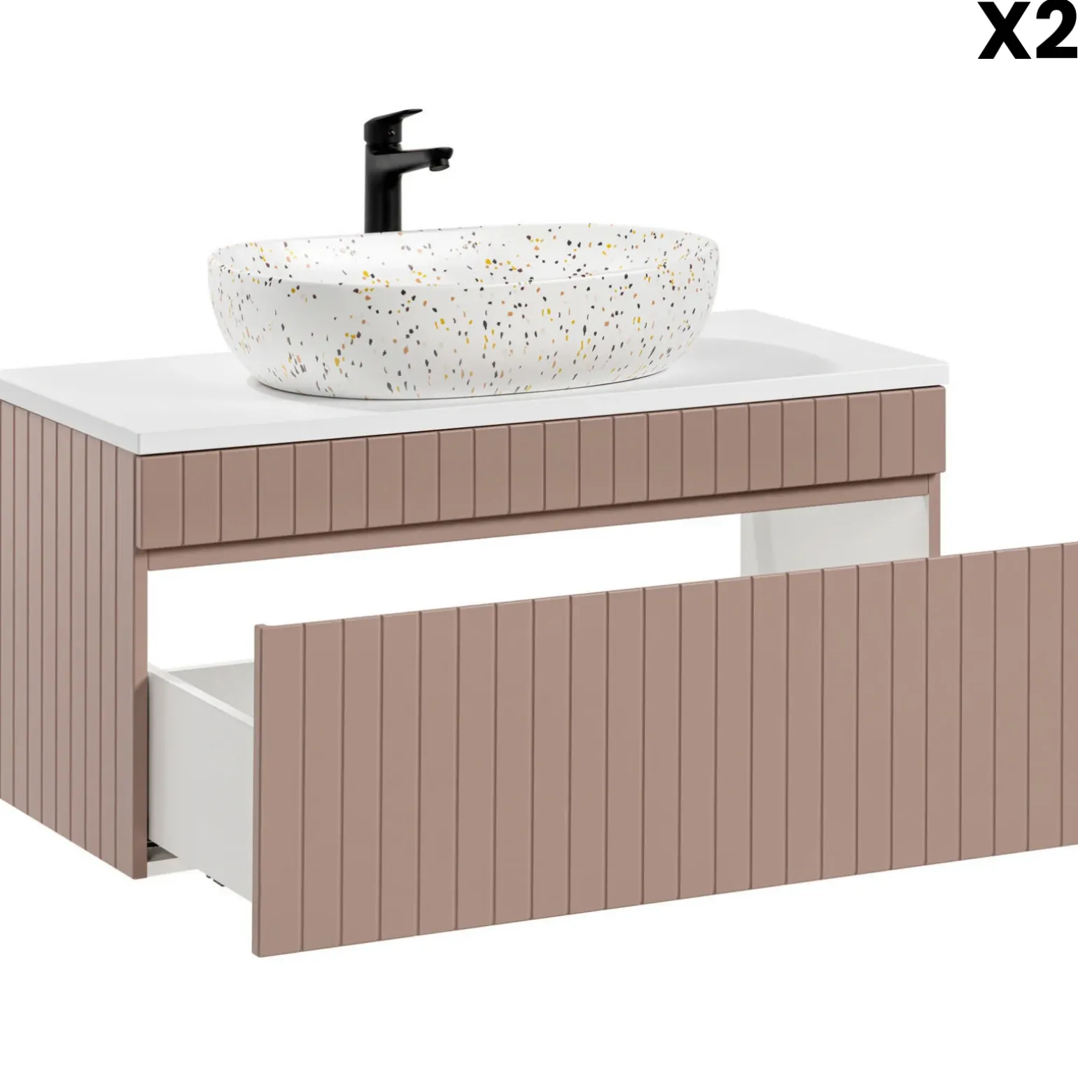 Mobile bagno sospeso 160cm cannettato con 2 lavabi, colonna e specchio rosa Autentic