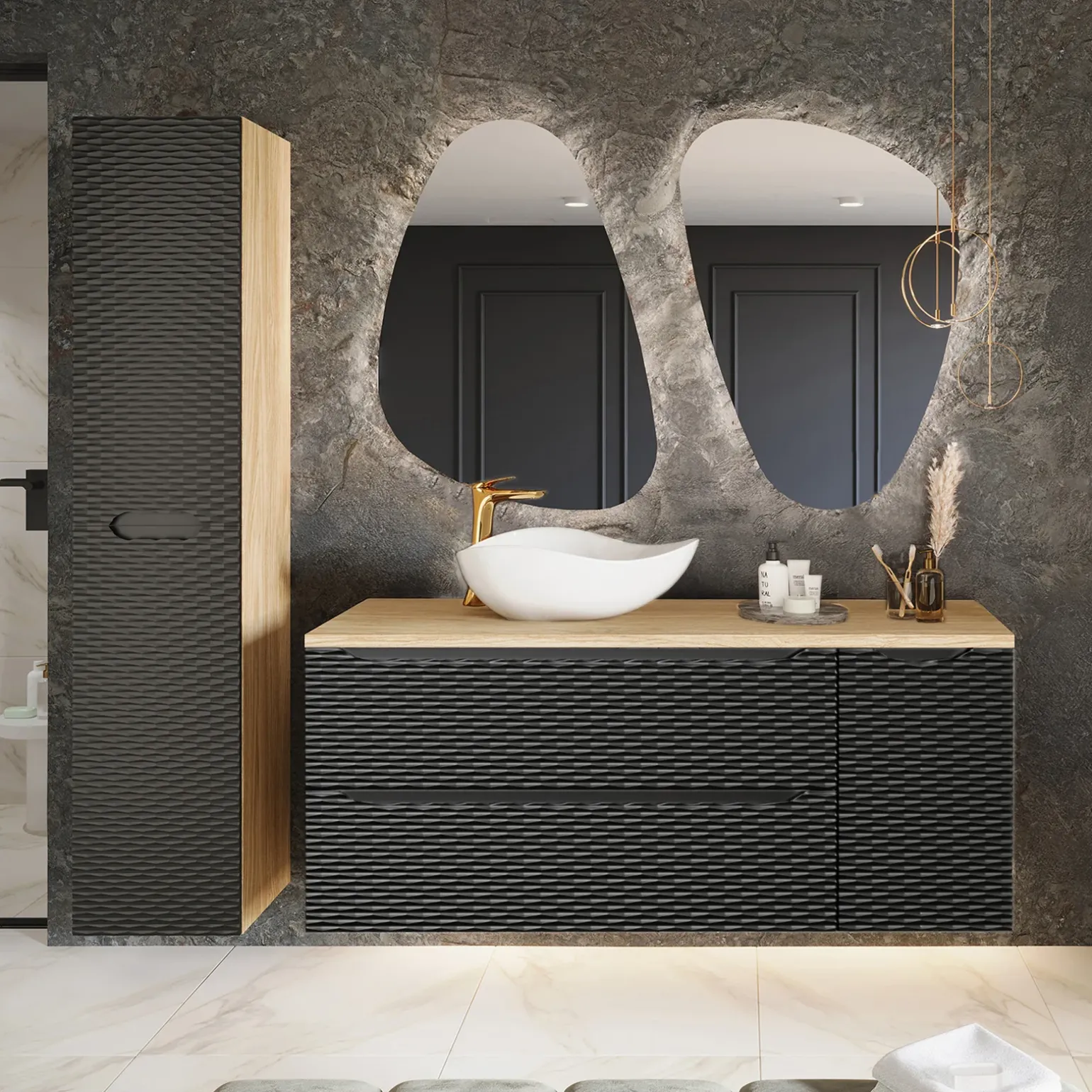 Mobile bagno sospeso 100cm con lavabo e colonna nero rovere Swim