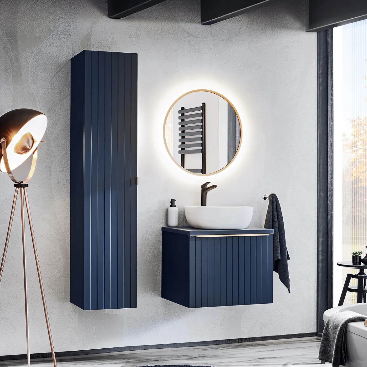 Mobile bagno sospeso 60cm con lavabo, specchio rotondo e colonna cannettato blu Deep