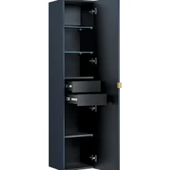 Mobile bagno sospeso 60cm con lavabo, specchio rotondo e colonna cannettato blu Deep
